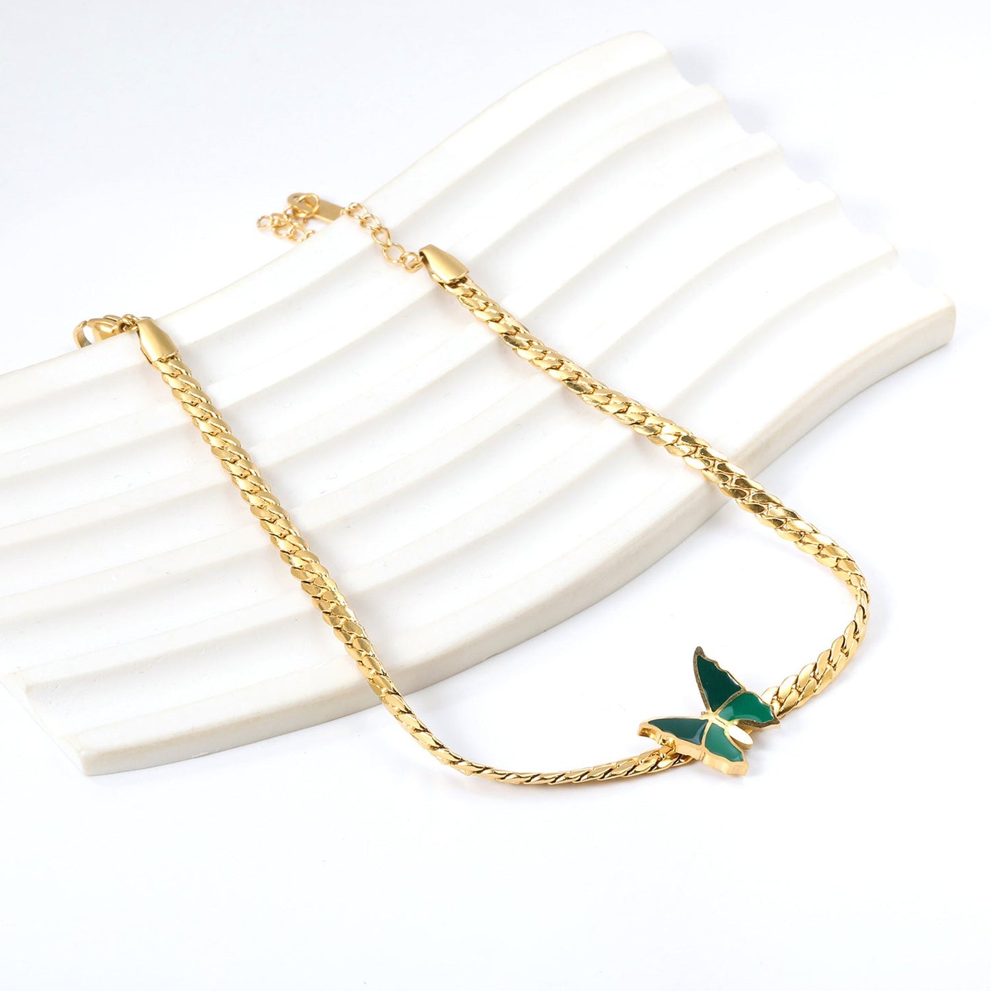 Butterfly with Green Drip Oil 13.7*13mm Anklet 23+5cm Gold Color asonjewelry