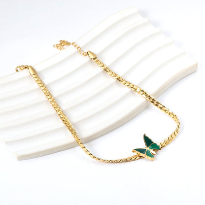 Butterfly with Green Drip Oil 13.7*13mm Anklet 23+5cm Gold Color asonjewelry