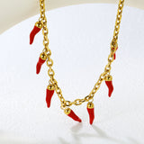 5x16mm Full Gold/Red Chili Pepper Pendant with 1.2mm 0-Link Chain, 40+5cm + 6mm Round Tag Necklace, Gold