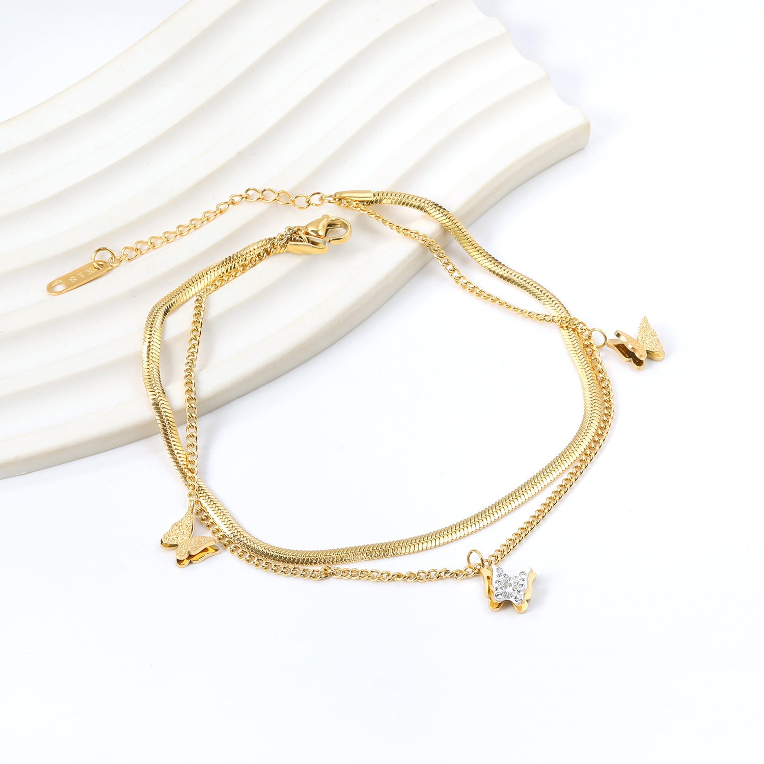 1 Butterfly with White Clay Diamonds + 2 Butterflies 8.7*7.4mm with Chain Double Chain Anklet 23+23+5cm Golden asonjewelry