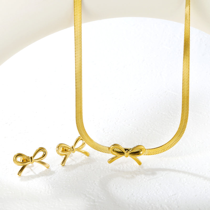 Bow Set Steel/Gold Earring: 12x20mm Pendant: 12x20mm 4mm Blade Chain 40+5cm+6mm Round Pendant