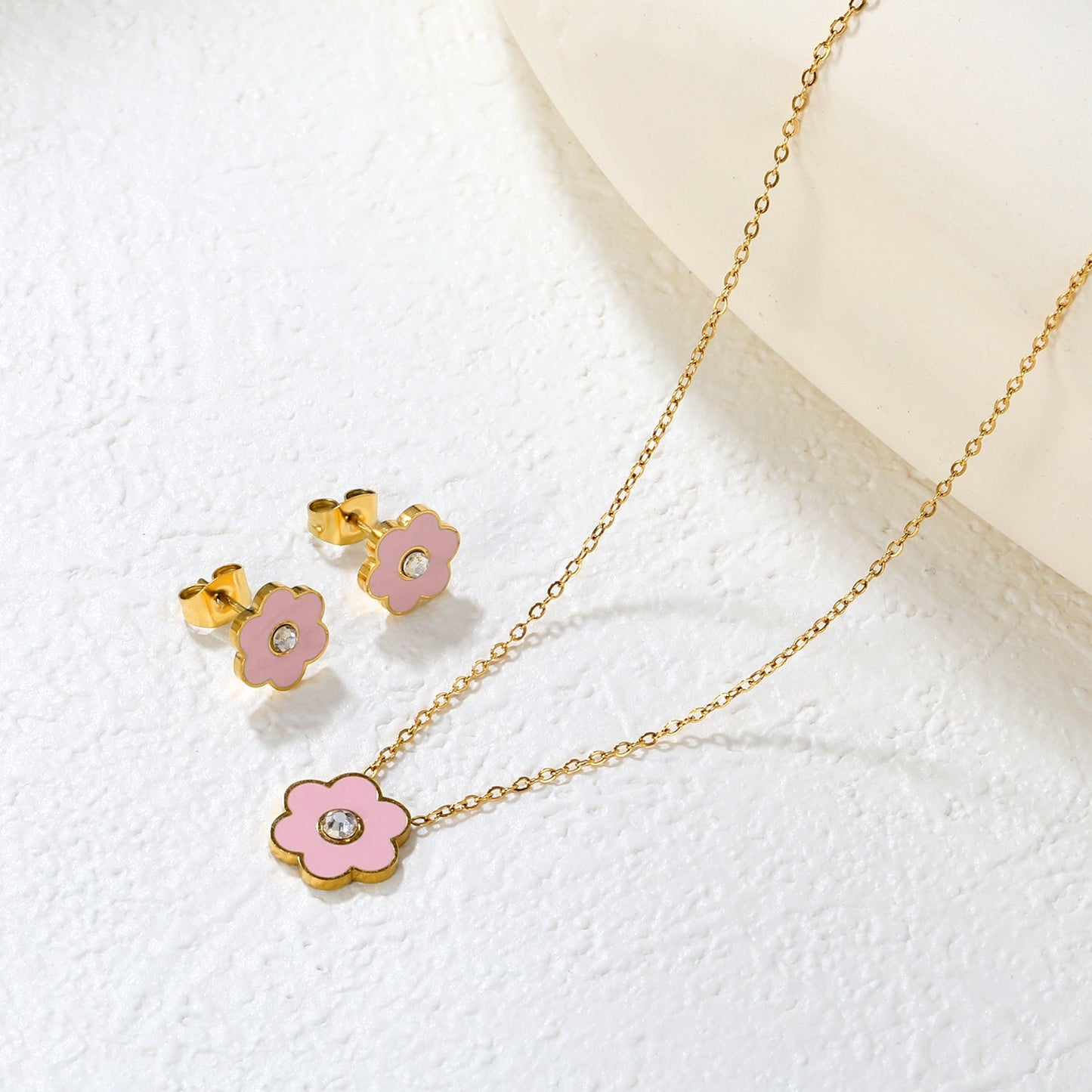 Pink/Light Blue Flower Drip Oil with Diamond Set Gold Earring: 9x10mm Pendant: 12x12mm 0.3mm Cross Chain 40+5cm + 6mm Round Pendant asonjewelry