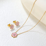 Pink/Light Blue Flower Drip Oil with Diamond Set Gold Earring: 9x10mm Pendant: 12x12mm 0.3mm Cross Chain 40+5cm + 6mm Round Pendant