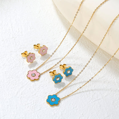Pink/Light Blue Flower Drip Oil with Diamond Set Gold Earring: 9x10mm Pendant: 12x12mm 0.3mm Cross Chain 40+5cm + 6mm Round Pendant asonjewelry