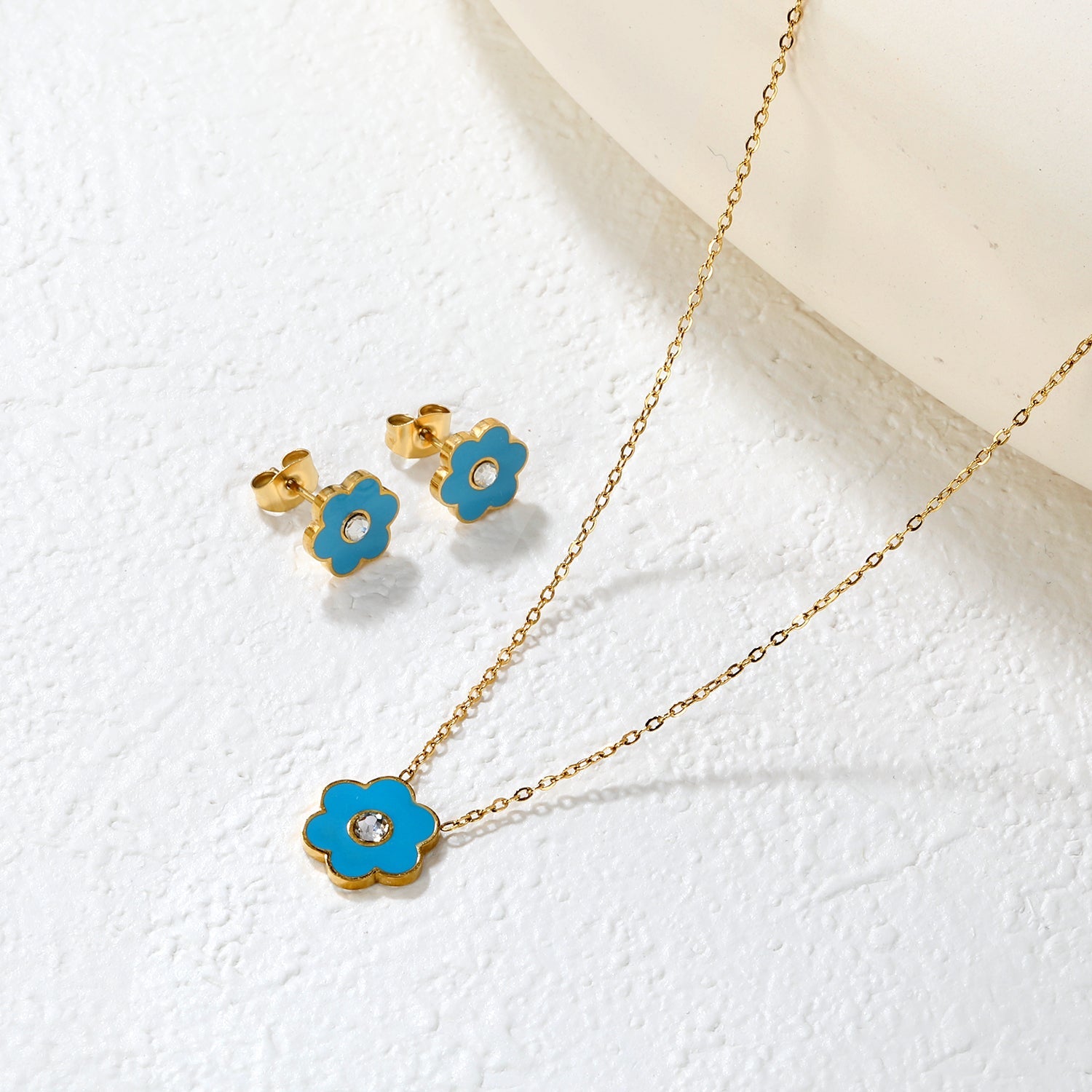 Pink/Light Blue Flower Drip Oil with Diamond Set Gold Earring: 9x10mm Pendant: 12x12mm 0.3mm Cross Chain 40+5cm + 6mm Round Pendant asonjewelry