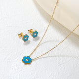 Pink/Light Blue Flower Drip Oil with Diamond Set Gold Earring: 9x10mm Pendant: 12x12mm 0.3mm Cross Chain 40+5cm + 6mm Round Pendant