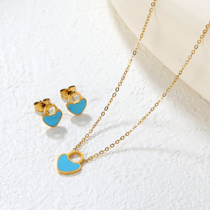 Pink/Light Blue Heart Drip Set Earrings: 7.8 x 10mm Pendant: 9.4 x 12mm 0.3mm Cross Chain 40+5cm + 6mm Round Pendant asonjewelry