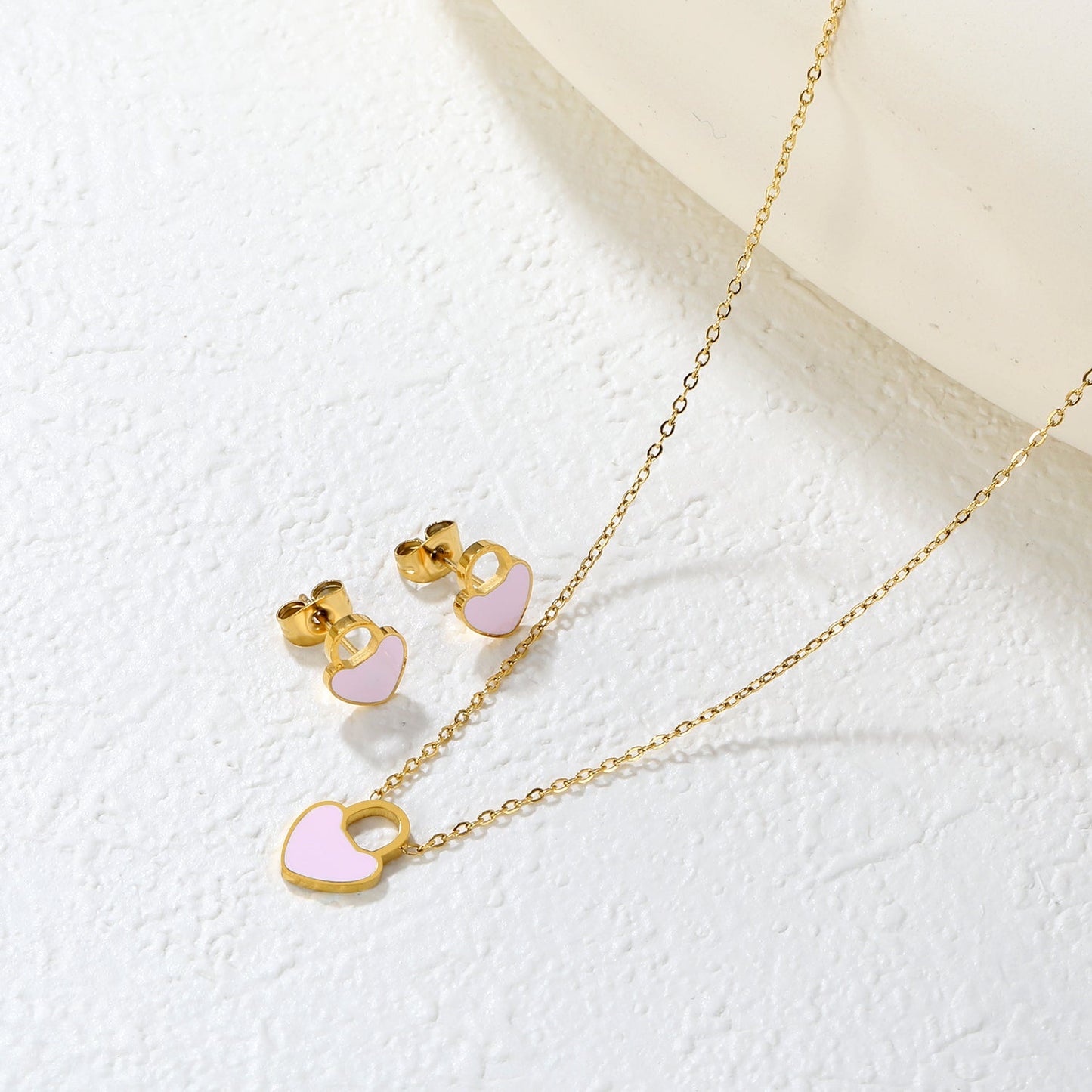 Pink/Light Blue Heart Drip Set Earrings: 7.8 x 10mm Pendant: 9.4 x 12mm 0.3mm Cross Chain 40+5cm + 6mm Round Pendant asonjewelry