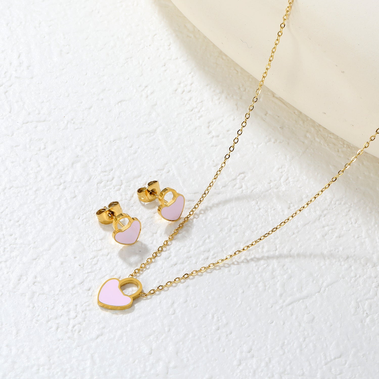 Pink/Light Blue Heart Drip Set Earrings: 7.8 x 10mm Pendant: 9.4 x 12mm 0.3mm Cross Chain 40+5cm + 6mm Round Pendant asonjewelry