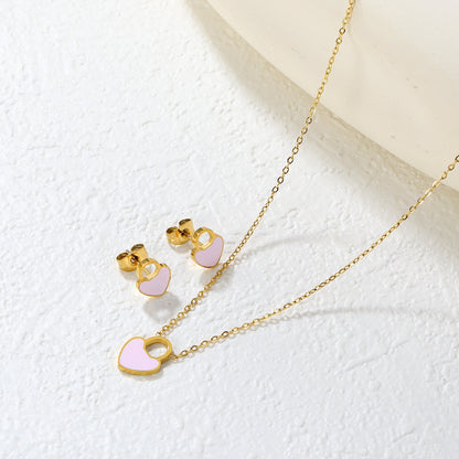 Pink/Light Blue Heart Drip Set Earrings: 7.8 x 10mm Pendant: 9.4 x 12mm 0.3mm Cross Chain 40+5cm + 6mm Round Pendant asonjewelry