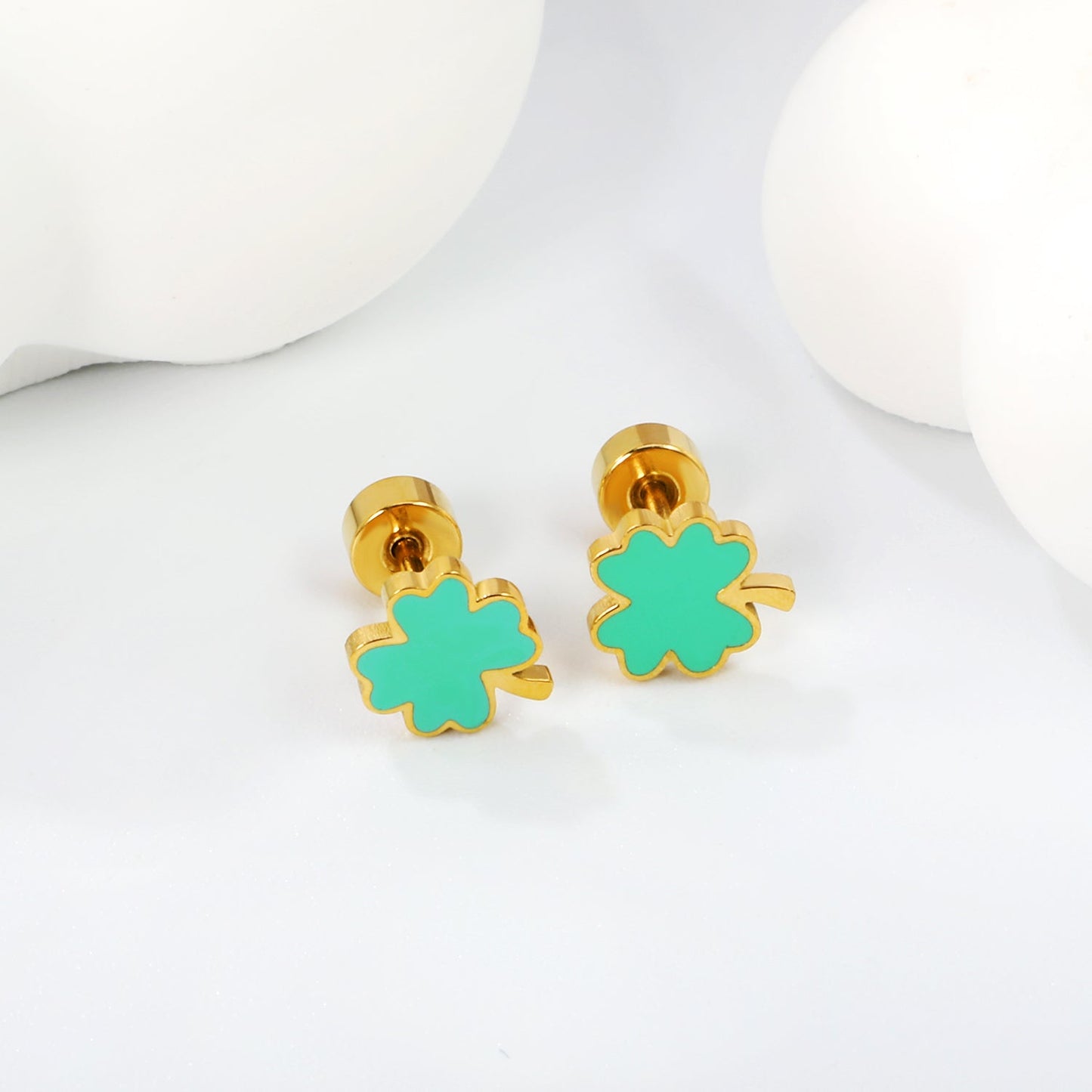 Screw plug 0.8*8mm pin 6.3*7.3mm lucky grass with green oil drop earrings gold color asonjewelry