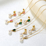 Teardrop-shaped white/pink/emerald zirconia + pearl-set gold stud earrings: Teardrop-shaped white zirconia + pearl stud earrings Pendant: Teardrop-shaped white zirconia + pearl pendant