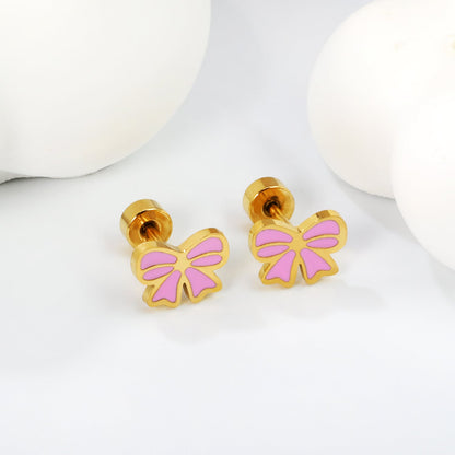 Screw plug 0.8*8mm needle 8*6mm bow with pink and purple drop earrings gold color asonjewelry