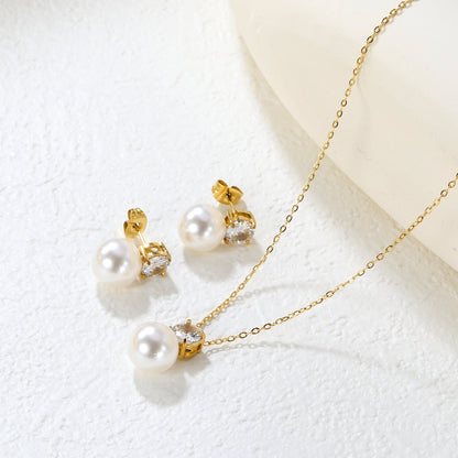 Round White Zirconia + Pearl Set Gold Earrings: 6mm Round White Zirconia + Pearl Earrings 10mm Pendant: 6mm Round White Zirconia + Pearl Pendant 10mm 0.3mm Cross Chain 40+5cm + 6mm Round Pendant asonjewelry
