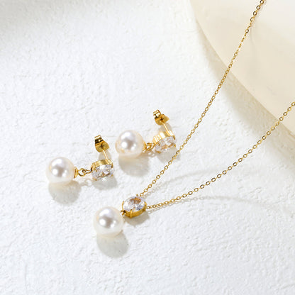 Oval White Zirconia + Pearl Set, Gold, Ear Studs: 6x8mm Oval White Zirconia + Pearl Earrings 10mm, Pendant: 6x8mm Oval White Zirconia + Pearl Pendant 10mm, 0.3mm Cross Chain 40+5cm + 6mm Round Pendant asonjewelry