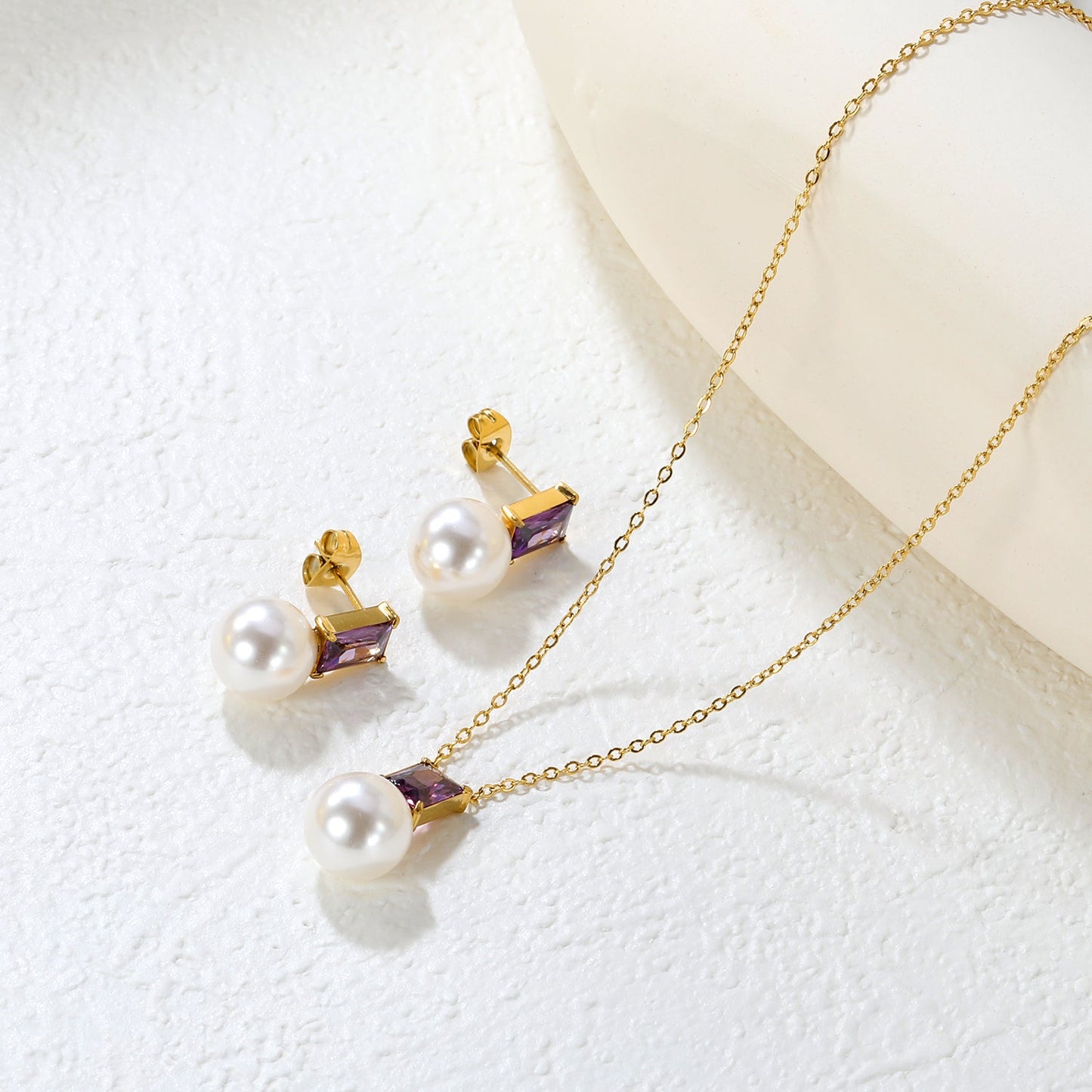 Rectangular purple zirconia + pearl earrings Rectangular purple zirconia + pearl earrings Pendant: Rectangular purple zirconia + pearl pendant asonjewelry