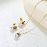 Rectangular purple zirconia + pearl earrings Rectangular purple zirconia + pearl earrings Pendant: Rectangular purple zirconia + pearl pendant