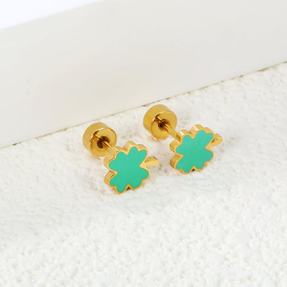 Screw plug 0.8*8mm pin 6.3*7.3mm lucky grass with green oil drop earrings gold color asonjewelry