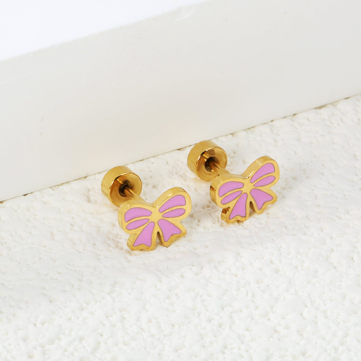 Screw plug 0.8*8mm needle 8*6mm bow with pink and purple drop earrings gold color asonjewelry
