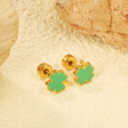 Screw plug 0.8*8mm pin 6.3*7.3mm lucky grass with green oil drop earrings gold color asonjewelry