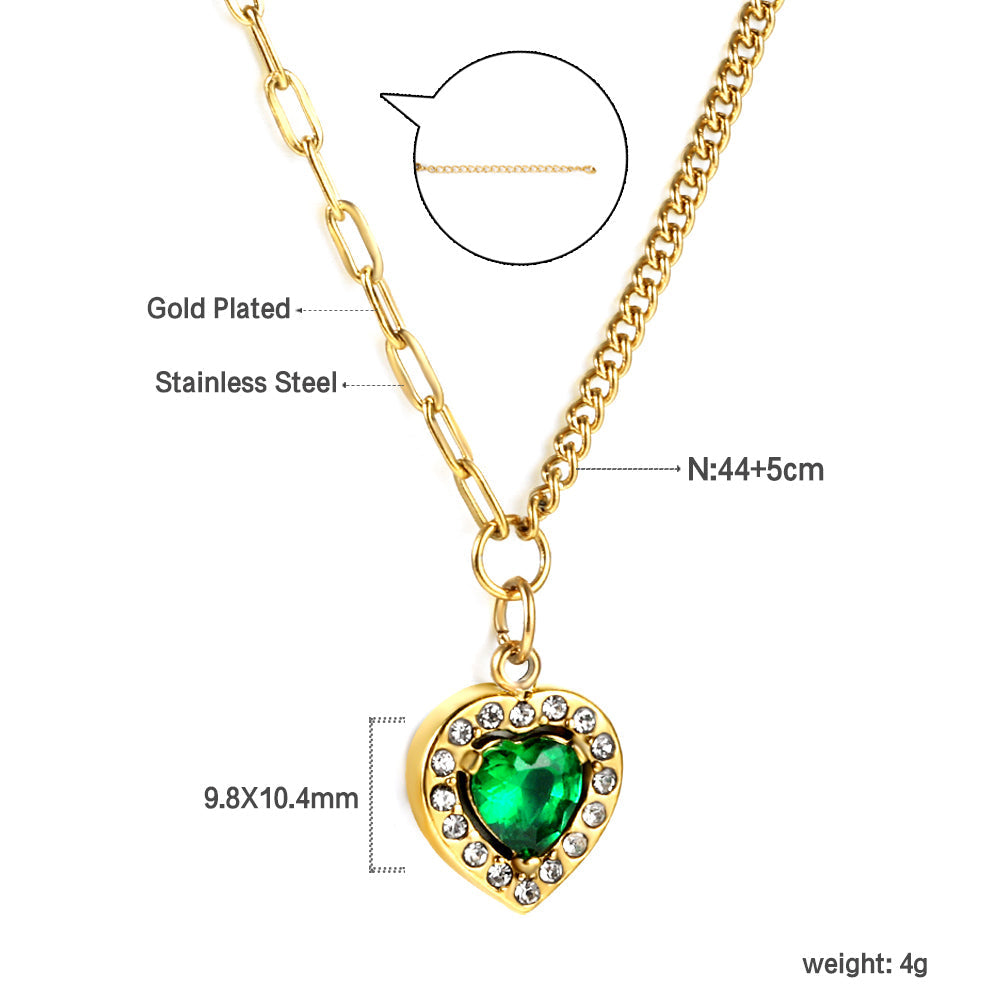 Spring 2024 Heart Green Diamond + White Diamond Ring Pendant Necklace 44+5cm asonjewelry