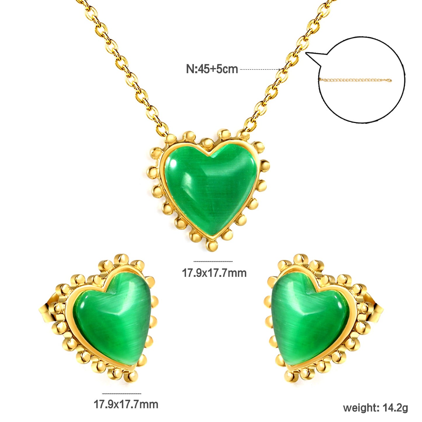 17.9*17.7mm Loose Beads Edged Heart with Green Cat's Eye Stones Set asonjewelry