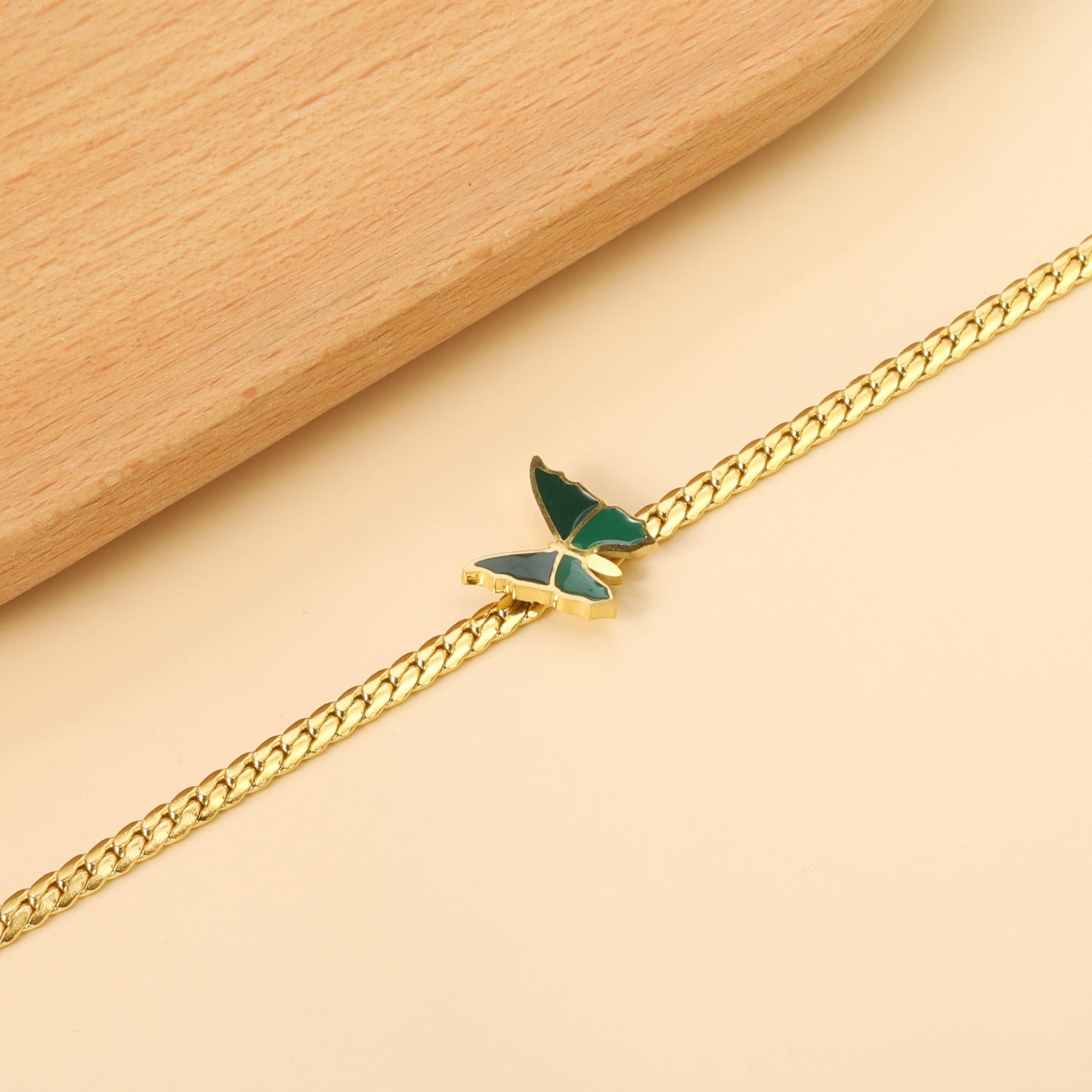 Butterfly with Green Drip Oil 13.7*13mm Anklet 23+5cm Gold Color asonjewelry