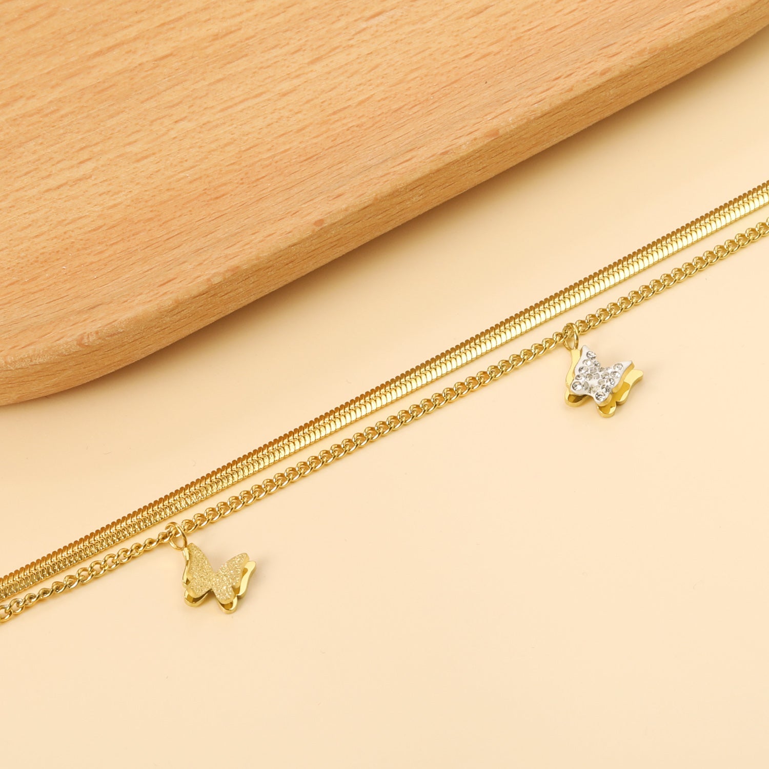 1 Butterfly with White Clay Diamonds + 2 Butterflies 8.7*7.4mm with Chain Double Chain Anklet 23+23+5cm Golden asonjewelry