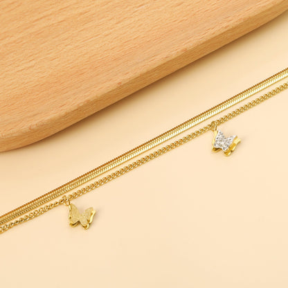 1 Butterfly with White Clay Diamonds + 2 Butterflies 8.7*7.4mm with Chain Double Chain Anklet 23+23+5cm Golden asonjewelry