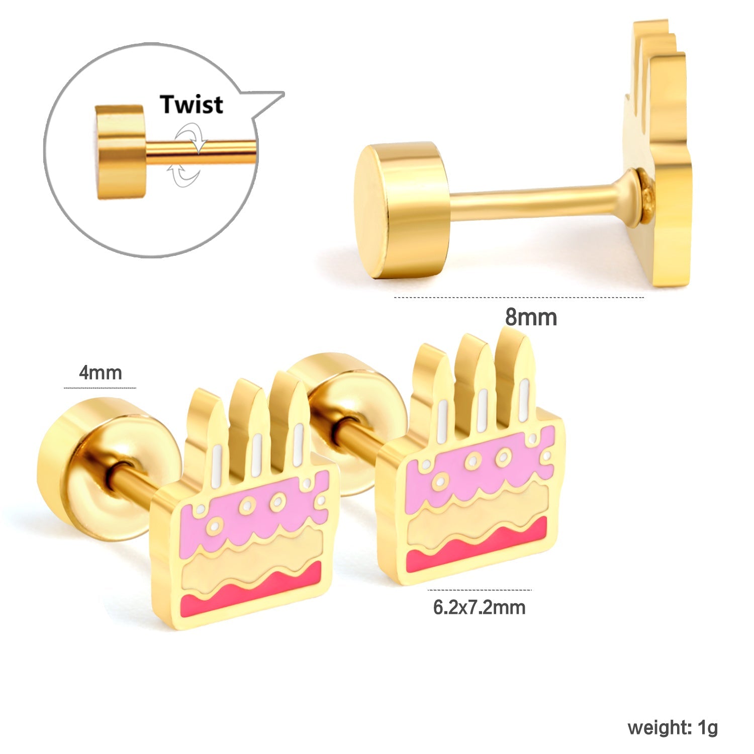 Screw plug 0.8*8mm pin 6.2*7.2mm Cake with mixed color drop earrings gold color asonjewelry