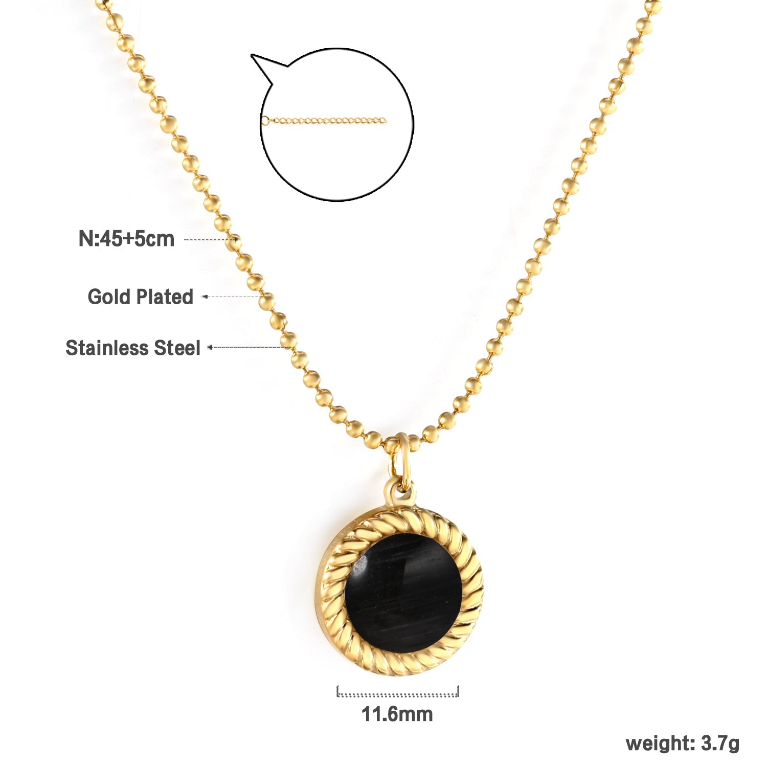 Round Twist Trim with Black Cat's Eye Pendant 11.6mm Necklace 45+5cm asonjewelry