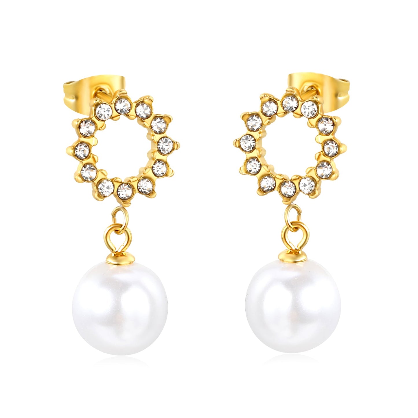 9.9mm rubber pearl pendant + 11.9mm round white diamond ring stud earrings, gold color asonjewelry