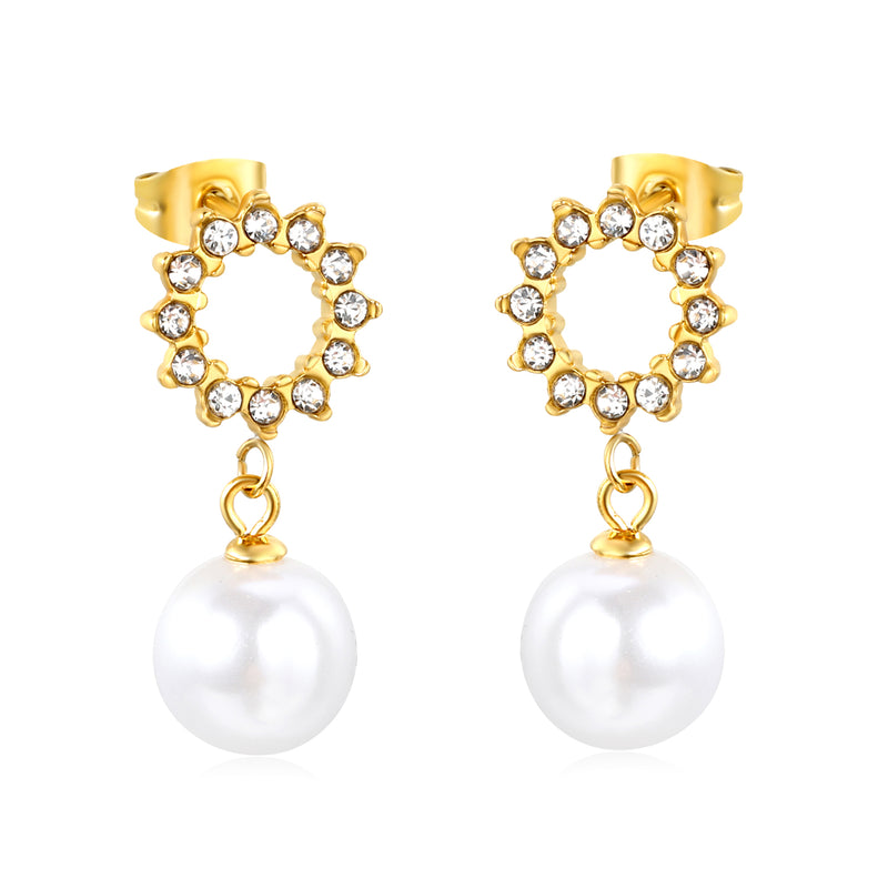 9.9mm rubber pearl pendant + 11.9mm round white diamond ring stud earrings, gold color