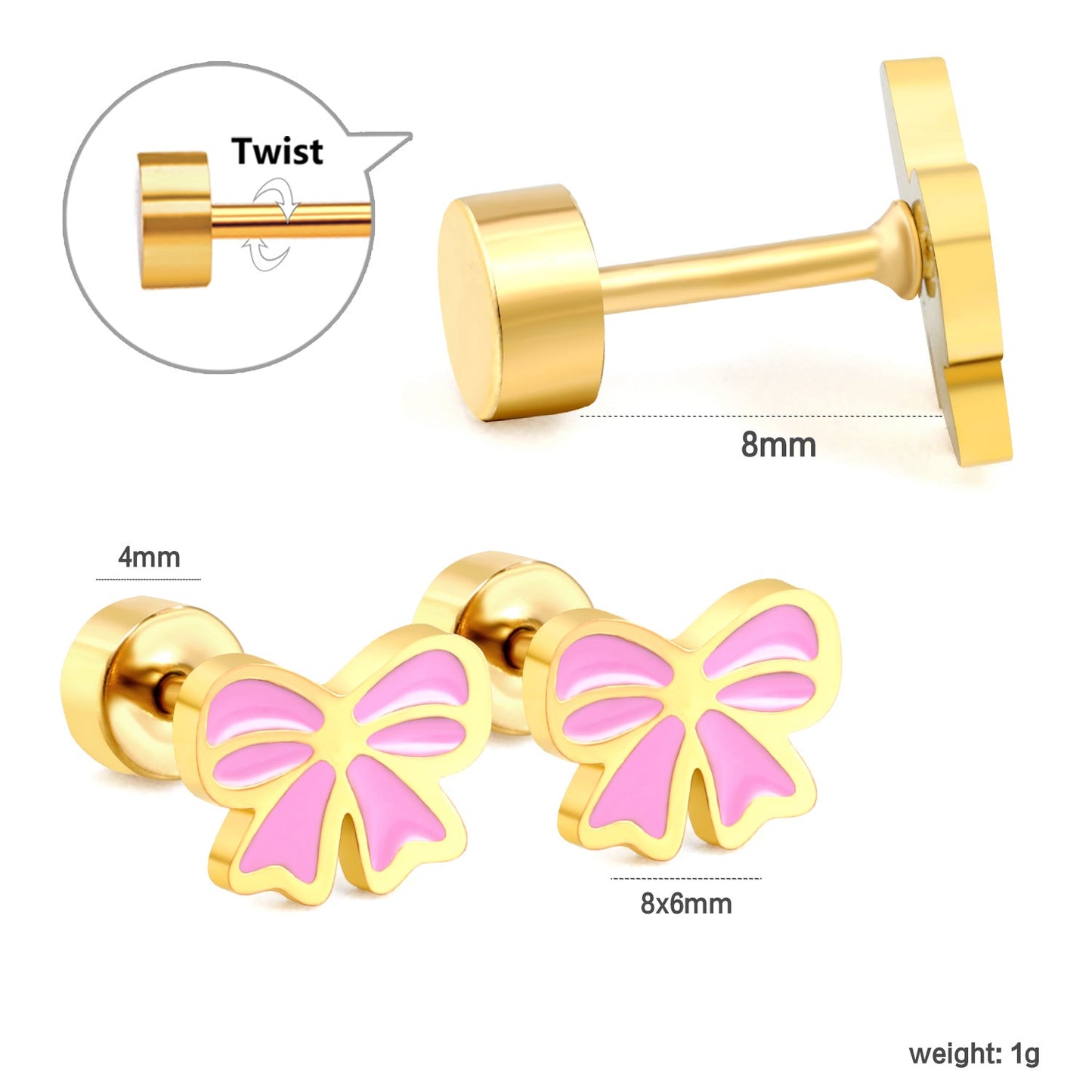 Screw plug 0.8*8mm needle 8*6mm bow with pink and purple drop earrings gold color asonjewelry