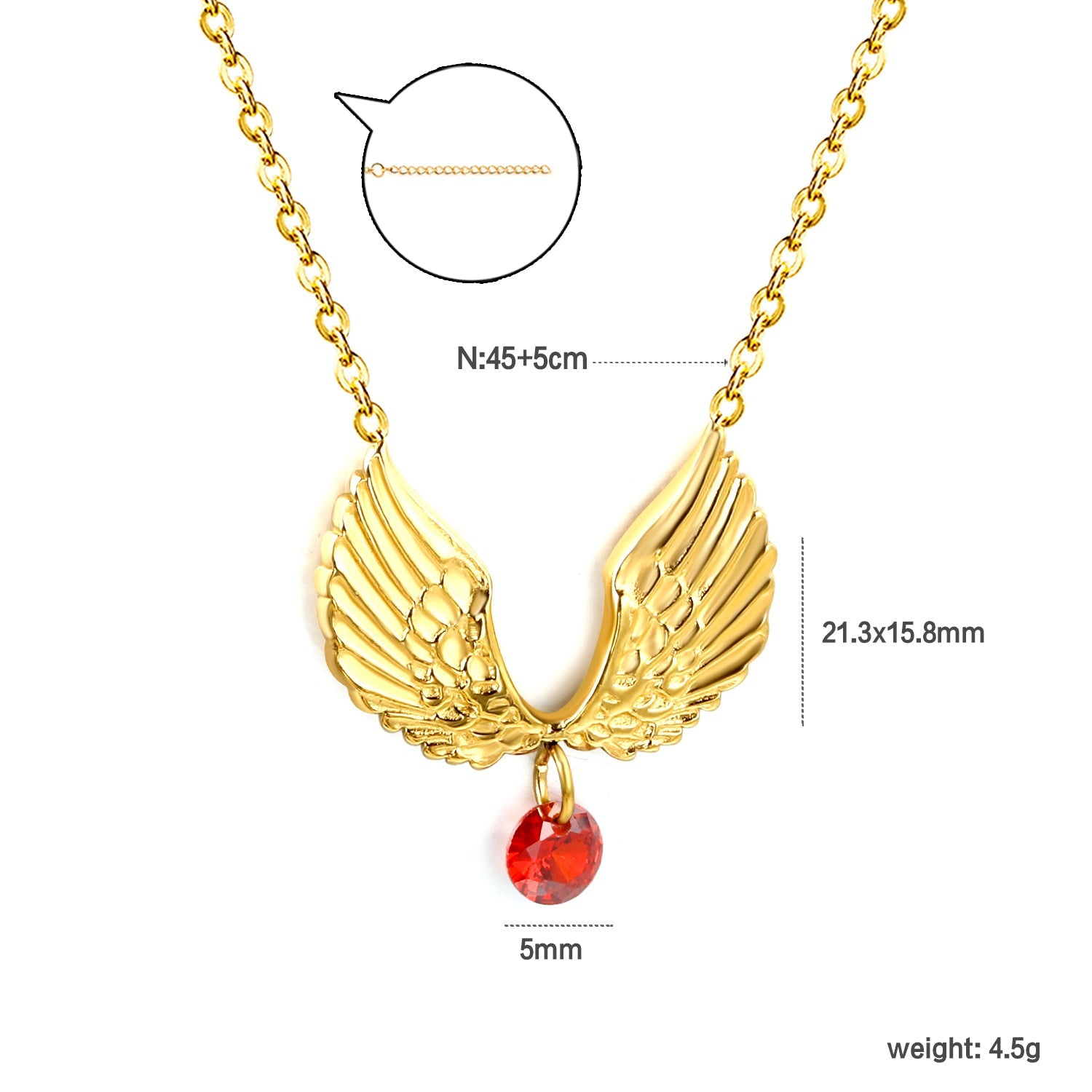 1 pair of wings with 1 red diamond pendant 21.3*15.8 necklace 45+5cm asonjewelry