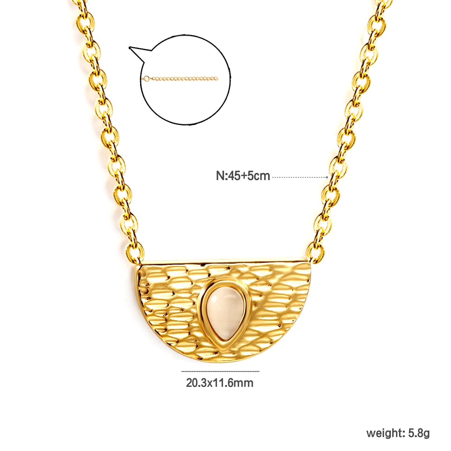 Semi-circle with teardrop white cat's eye pendant 20.3*11.6MM Necklace 45+5cm asonjewelry