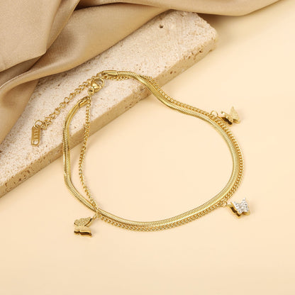 1 Butterfly with White Clay Diamonds + 2 Butterflies 8.7*7.4mm with Chain Double Chain Anklet 23+23+5cm Golden asonjewelry