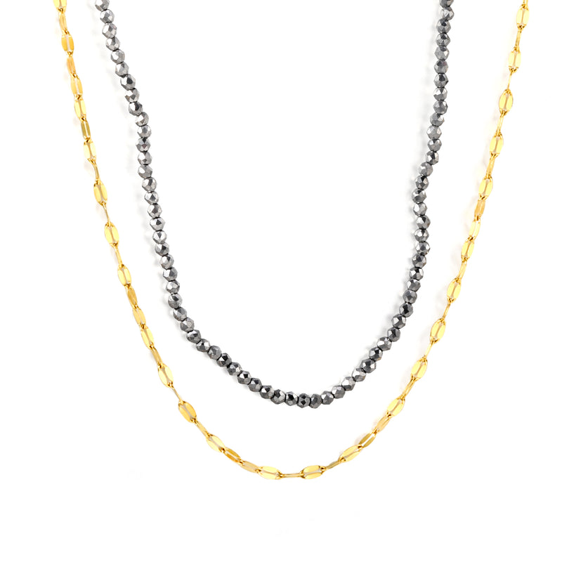 2.2mm Charcoal Black Bead Chain + Lip Chain 40+45+5cm + 6mm Double Chain Necklace Steel Color/Gold Color
