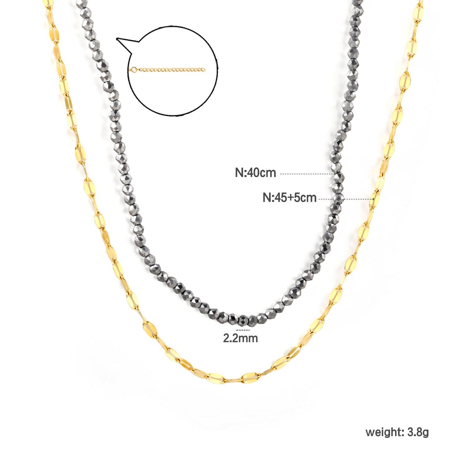 2.2mm Charcoal Black Bead Chain + Lip Chain 40+45+5cm + 6mm Double Chain Necklace Steel Color/Gold Color asonjewelry