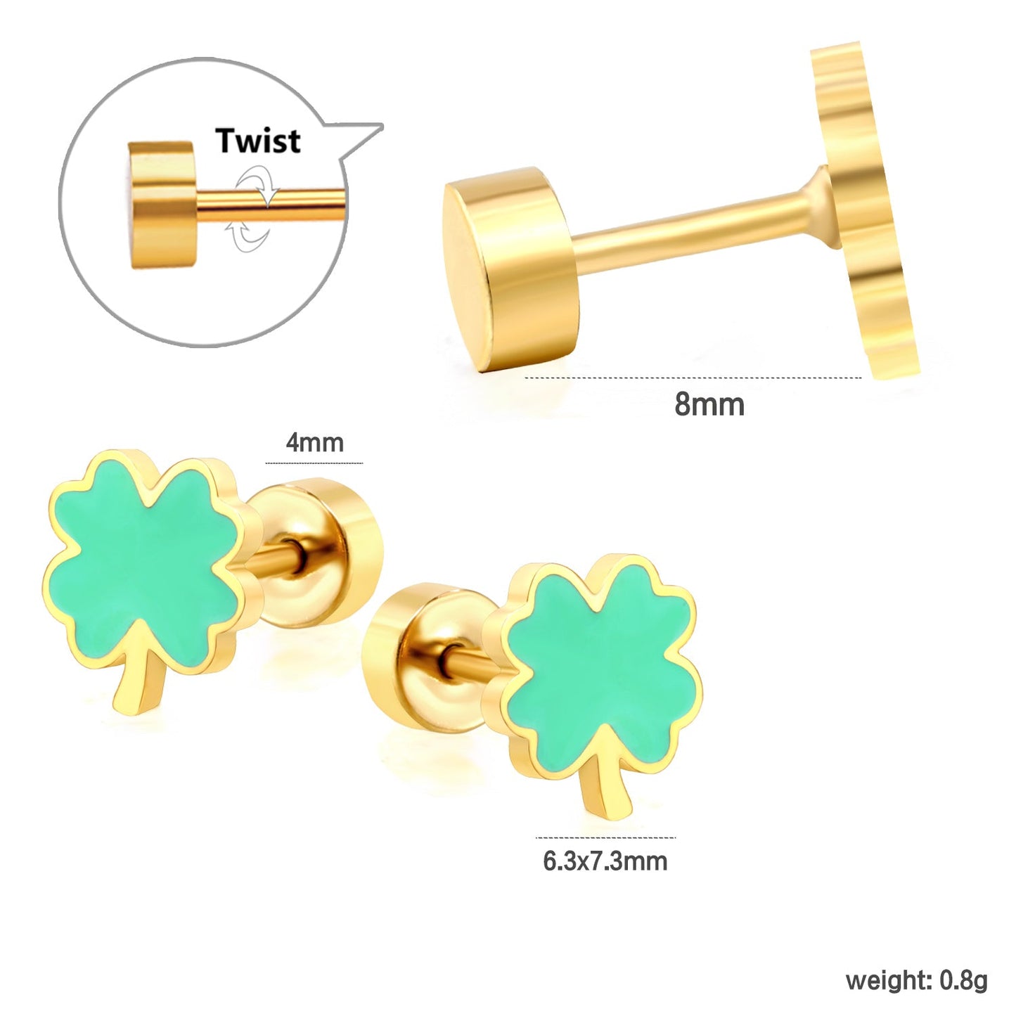 Screw plug 0.8*8mm pin 6.3*7.3mm lucky grass with green oil drop earrings gold color asonjewelry