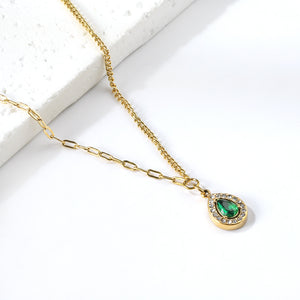 Spring 2024 teardrop green diamond + white diamond circle pendant necklace 46+5cm
