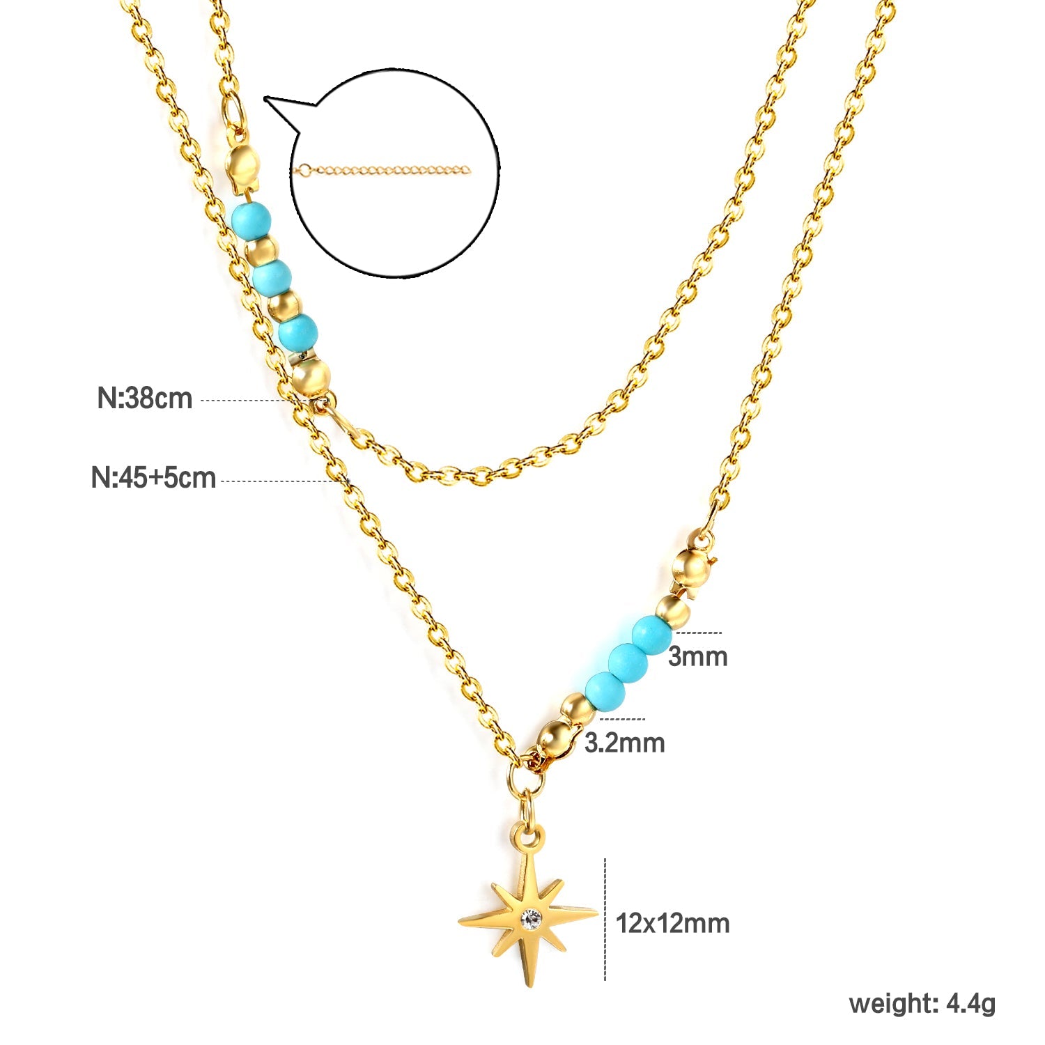 Octopus with diamonds accessories 12 * 12mm + 6 lake blue beads 3.2mm + 4 steel beads 3mm with chain double chain 45 + 38 + 5cm gold color asonjewelry