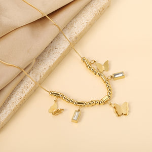 3 size butterflies 12*10mm+2 rectangular white diamond pendants 4.3*8.3mm+22 round through beads+5 round through posts Necklace 41+5cm Gold color