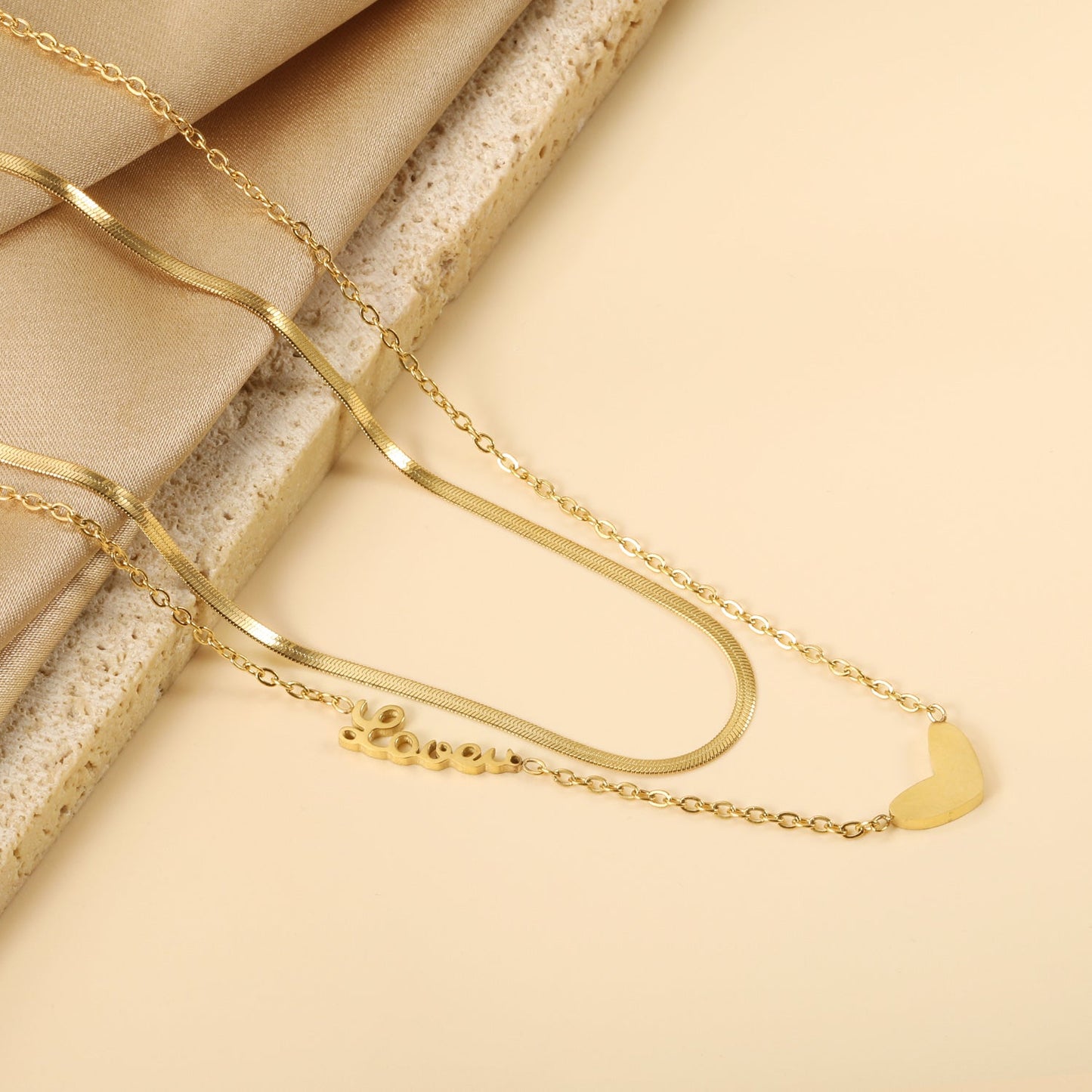 Heart 11*7mm+love engraved 17*5mm pendant with chain double chain necklace 41+45+5cm gold color asonjewelry