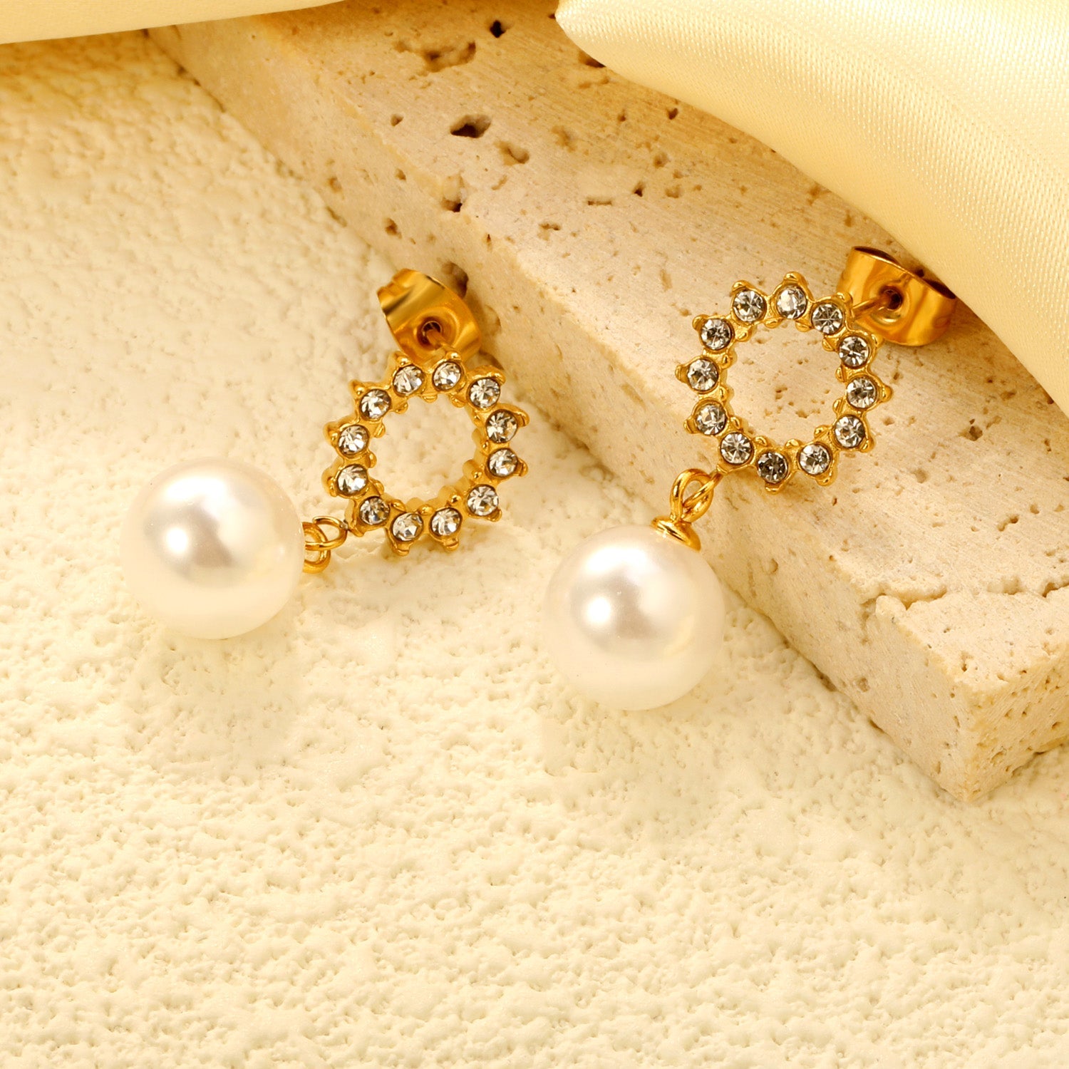 9.9mm rubber pearl pendant + 11.9mm round white diamond ring stud earrings, gold color asonjewelry