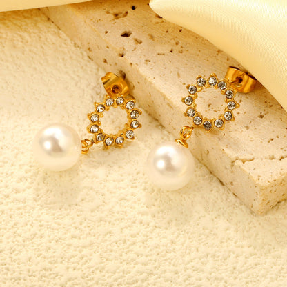 9.9mm rubber pearl pendant + 11.9mm round white diamond ring stud earrings, gold color asonjewelry