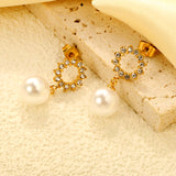9.9mm rubber pearl pendant + 11.9mm round white diamond ring stud earrings, gold color