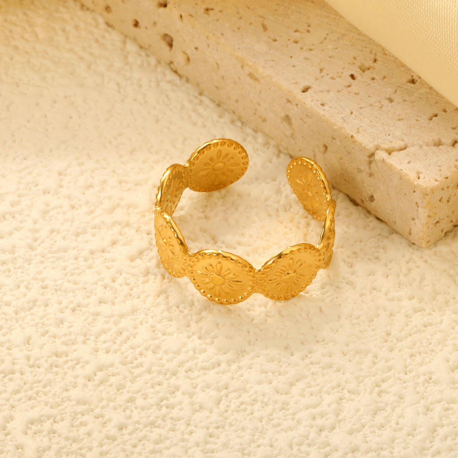 18K Gold - Plated Engraved Disc Linked Ring asonjewelry