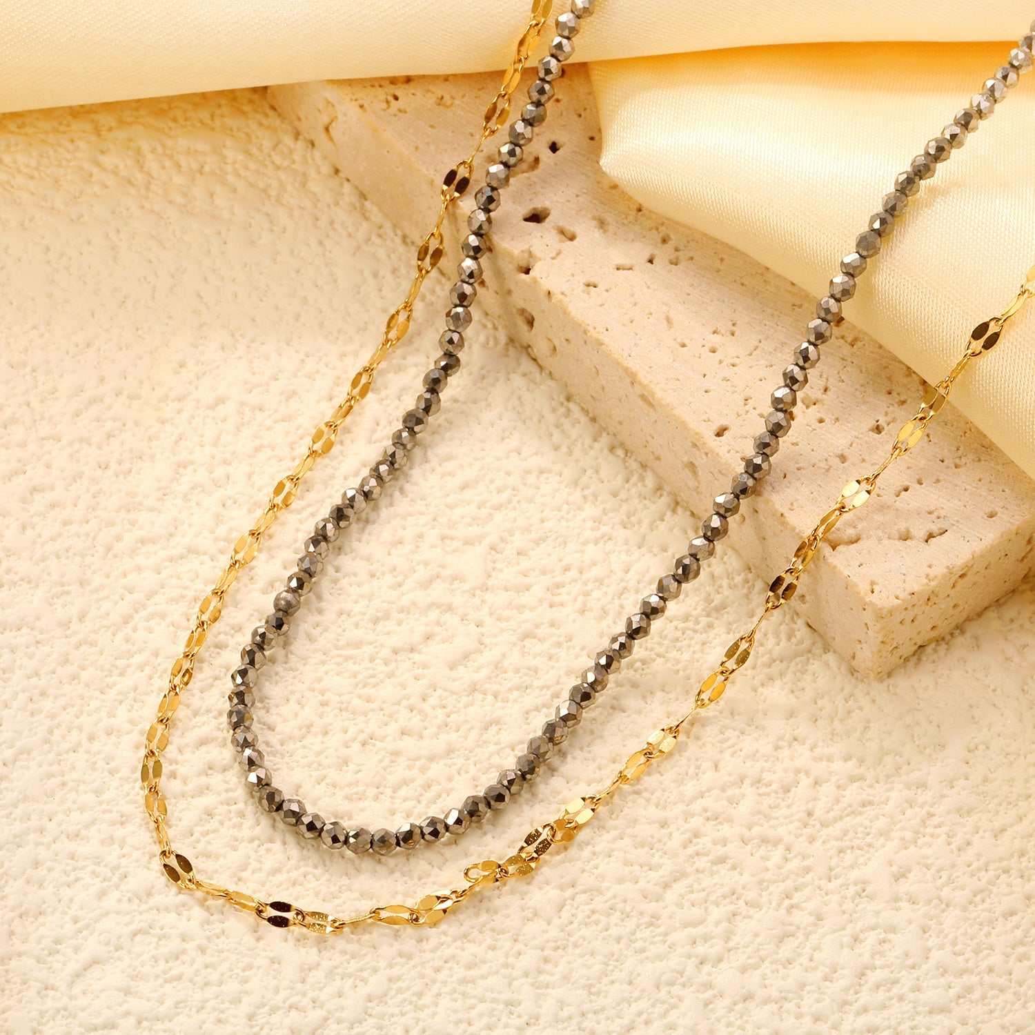 2.2mm Charcoal Black Bead Chain + Lip Chain 40+45+5cm + 6mm Double Chain Necklace Steel Color/Gold Color asonjewelry
