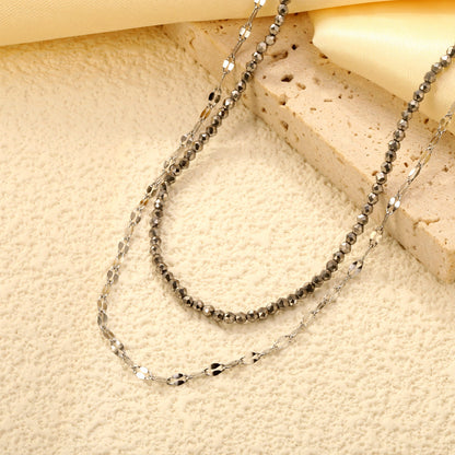 2.2mm Charcoal Black Bead Chain + Lip Chain 40+45+5cm + 6mm Double Chain Necklace Steel Color/Gold Color asonjewelry